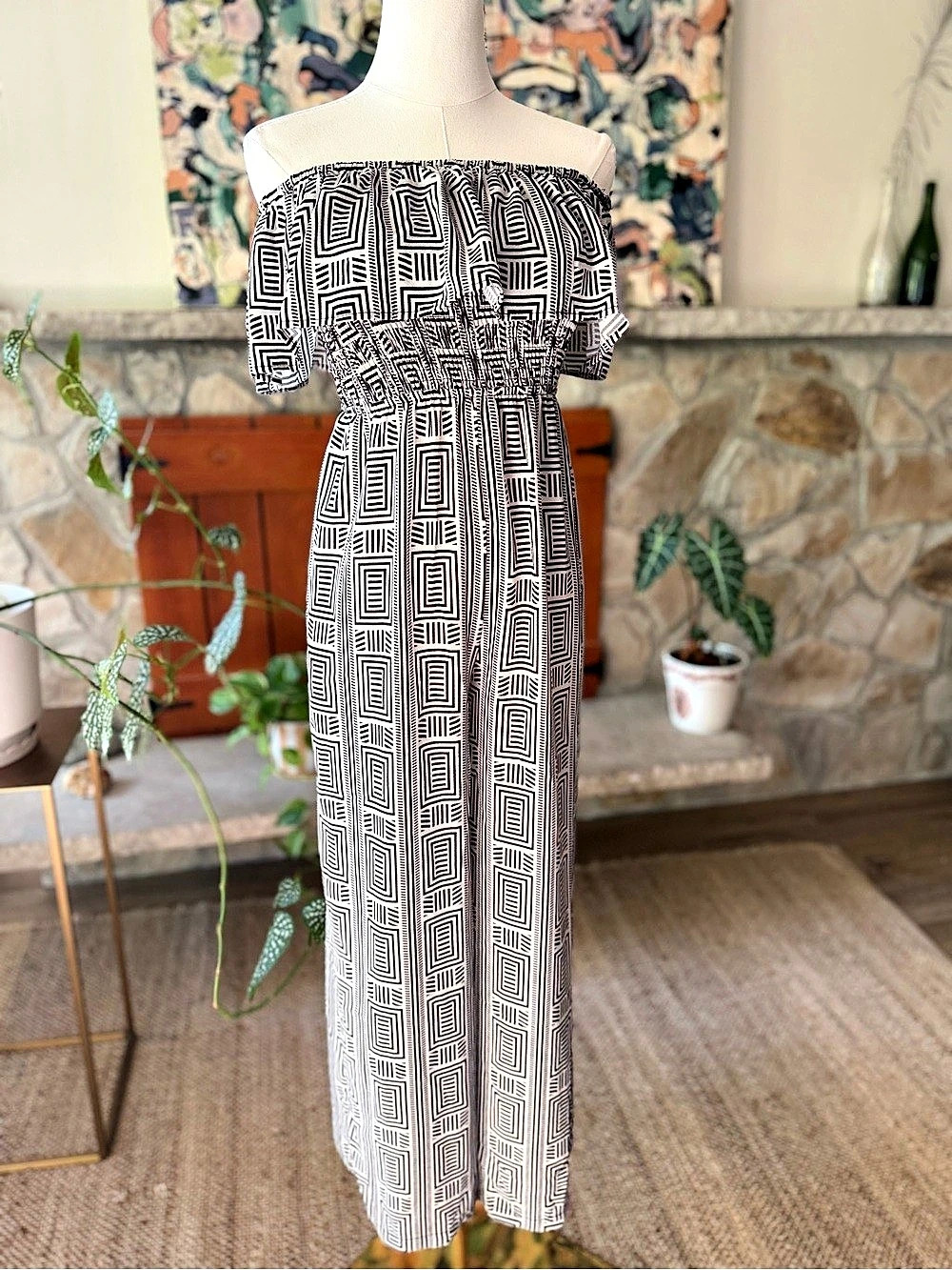 Flying Tomato Geometric Off Shoulder Frilly Jumpsuit in Black & White Size Small